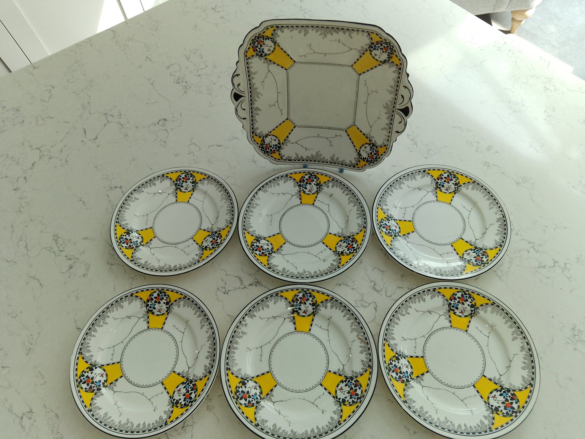 Shelley Art Deco Cake Plate And Six Matching Plate Set - Helsby Vintage