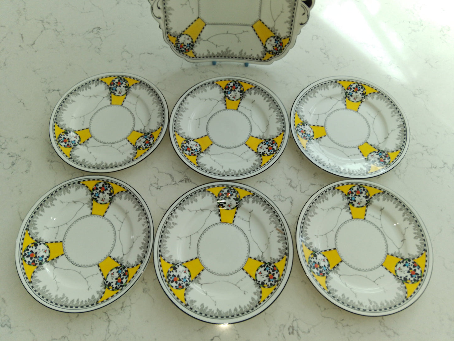 Shelley Art Deco Cake Plate And Six Matching Plate Set - Helsby Vintage