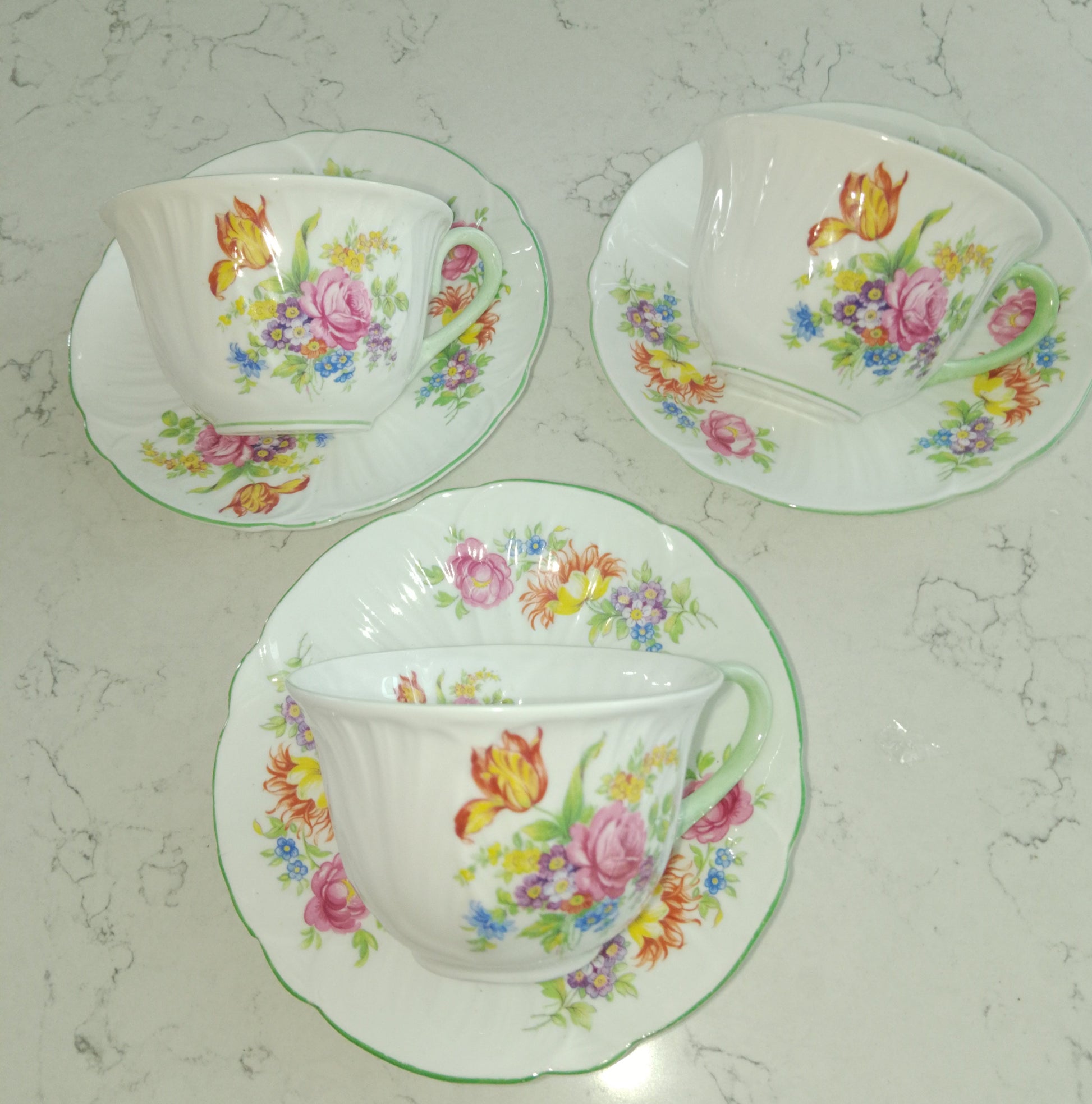 Shelley Vintage Set Of Three Teacups And Saucers - Helsby Vintage