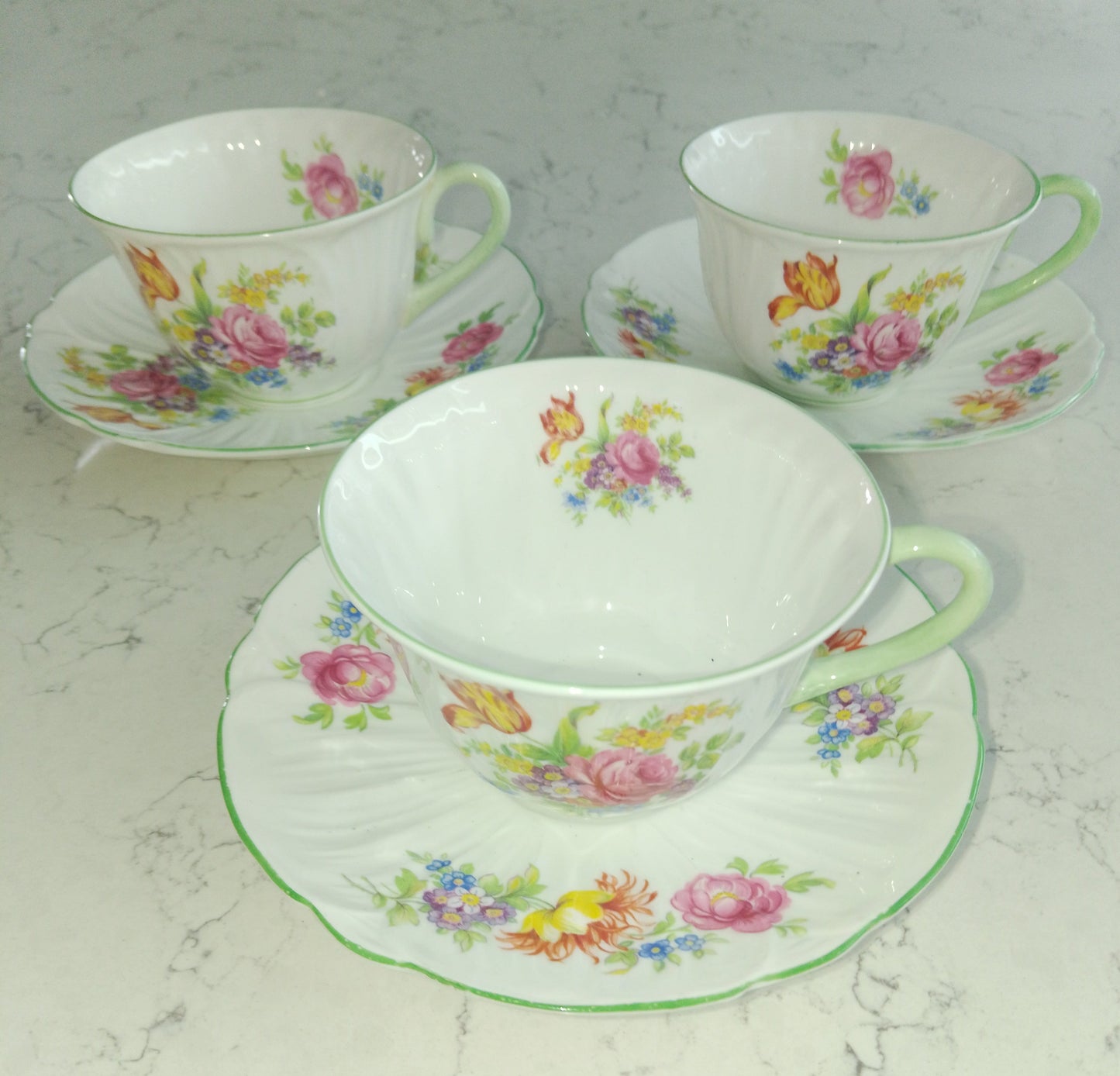 Shelley Vintage Set Of Three Teacups And Saucers - Helsby Vintage