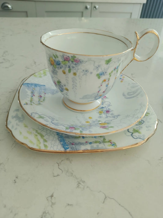 Sutherland China Trio Cup Saucer Plate RARE Handle Pattern 1380 Art Deco 1930s - Helsby Vintage