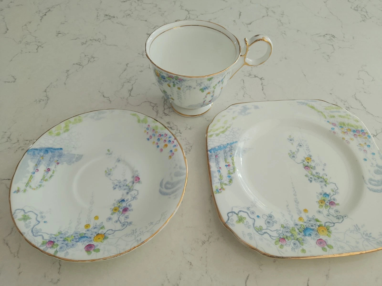 Sutherland China Trio Cup Saucer Plate RARE Handle Pattern 1380 Art Deco 1930s - Helsby Vintage