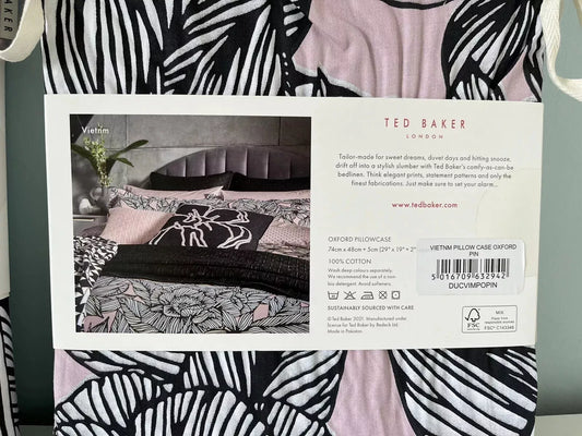 Ted Baker Vietnm Oxford pillowcase packaging showing floral black and pink bedding set design