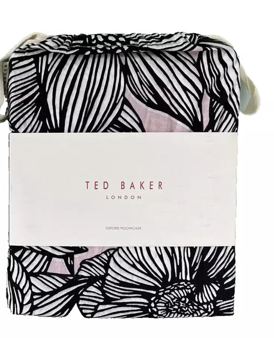 Ted Baker Vietnm Oxford pillowcase with black and white floral pattern in folded packaging