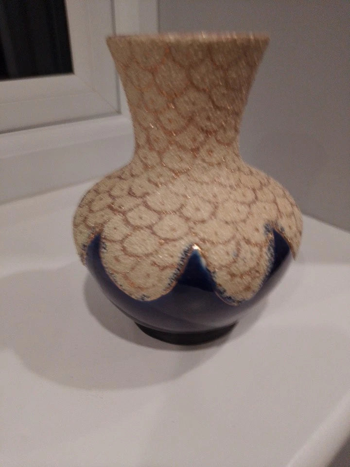 Thomas Forester coralene vase with textured white and blue scalloped design collectible piece