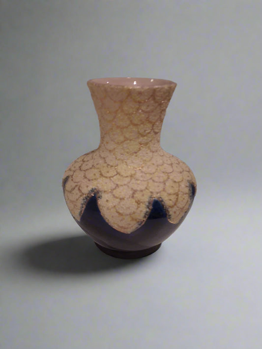 Thomas Forester coralene vase with textured beige and blue glaze on rounded body and narrow neck