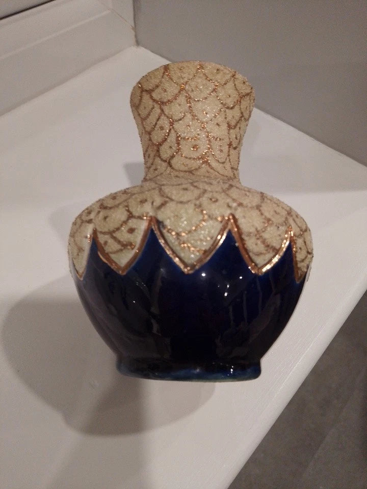Thomas Forester majolica vase antique with intricate gold detailing and deep blue glaze