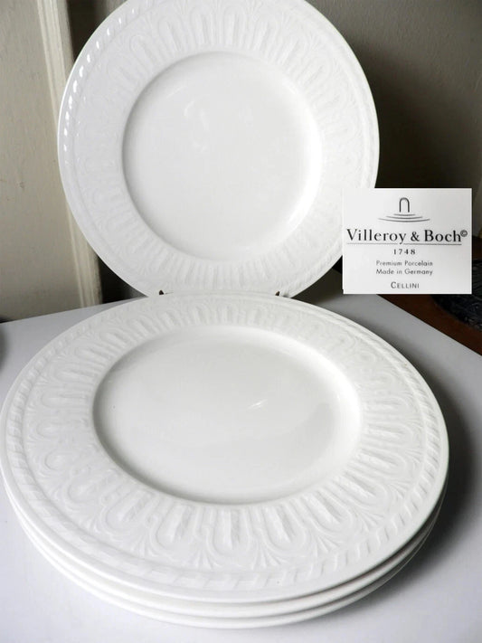 White Villeroy & Boch Cellini salad plates with embossed textured rim, elegant porcelain dinnerware