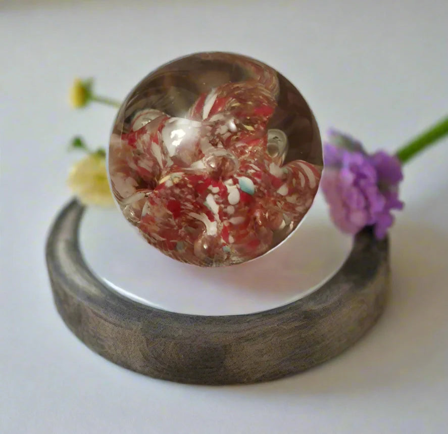 Vintage Art Glass Small Paperweight Abstract Red White 7cm Diameter - Helsby Vintage