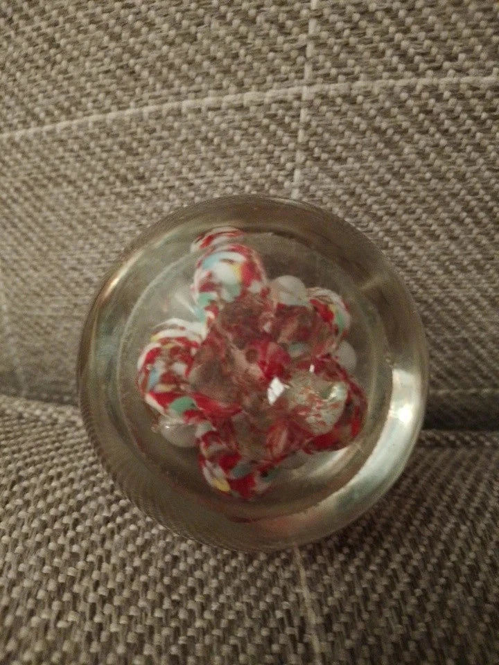 Vintage Art Glass Small Paperweight Abstract Red White 7cm Diameter - Helsby Vintage