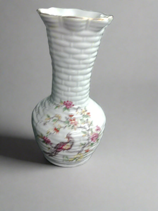 RARE Made in GDR Porcelain Vase Basket Weave Peacock 18cm Tall - Helsby Vintage