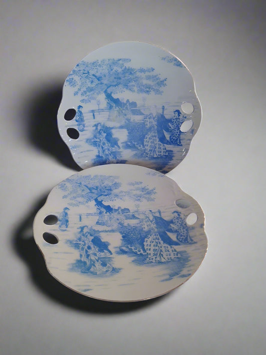 Unusual Pair Of Japanese or German Cake Bread Plates Blindfolded Man & Geisha - Helsby Vintage