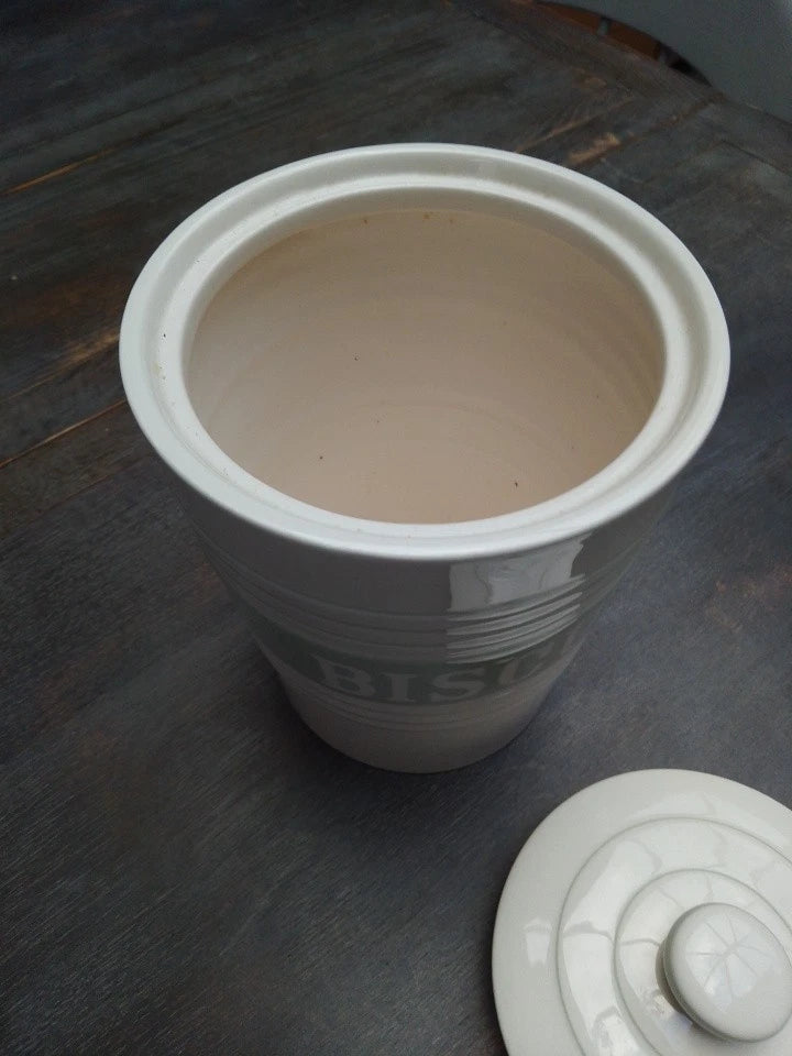 Marks & Spencer White Stripe Embossed Ceramic Lidded Biscuit Jar Vintage - Helsby Vintage