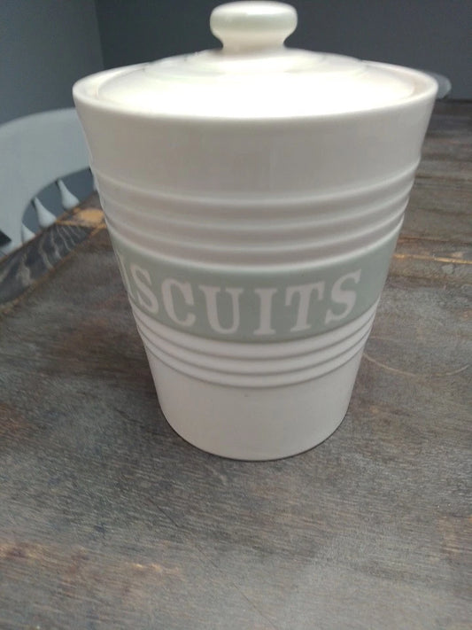 Vintage Marks Spencer biscuit jar in cream ceramic with lid and embossed biscuit label