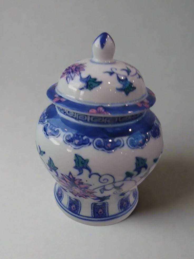 Vintage Small Ginger Jar With Lid Blue White Pink Oriental - Helsby Vintage