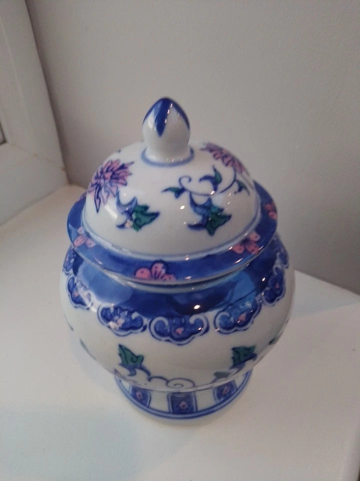 Vintage Small Ginger Jar With Lid Blue White Pink Oriental - Helsby Vintage
