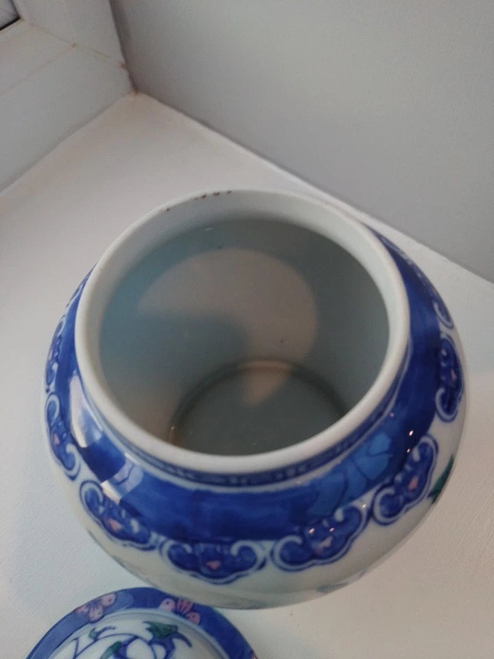 Vintage Small Ginger Jar With Lid Blue White Pink Oriental - Helsby Vintage