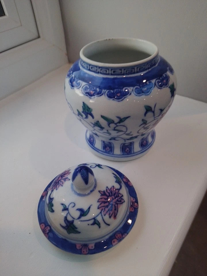 Vintage Small Ginger Jar With Lid Blue White Pink Oriental - Helsby Vintage