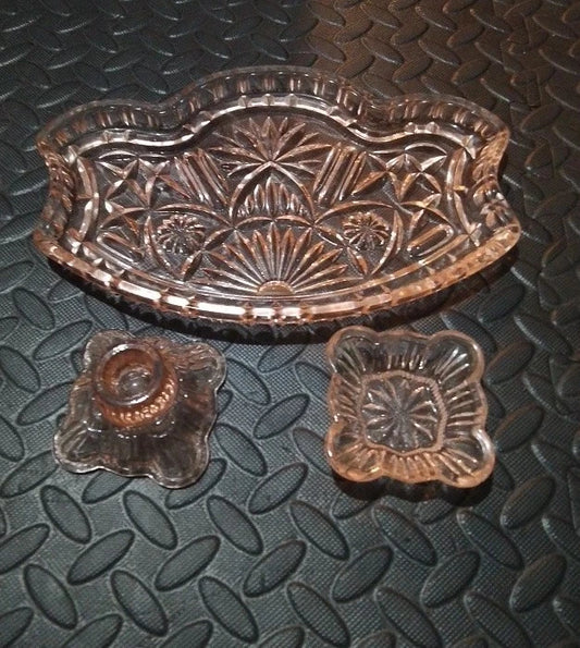Unbranded vintage pressed glass vanity set featuring intricately designed tray and two matching small containers