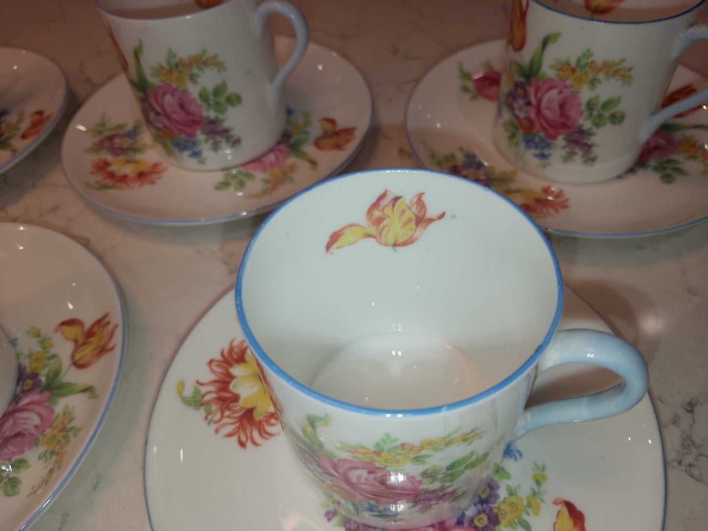 Shelley Set of 5 Espresso Cups and Saucers in Mocha Tulip Pattern - Helsby Vintage