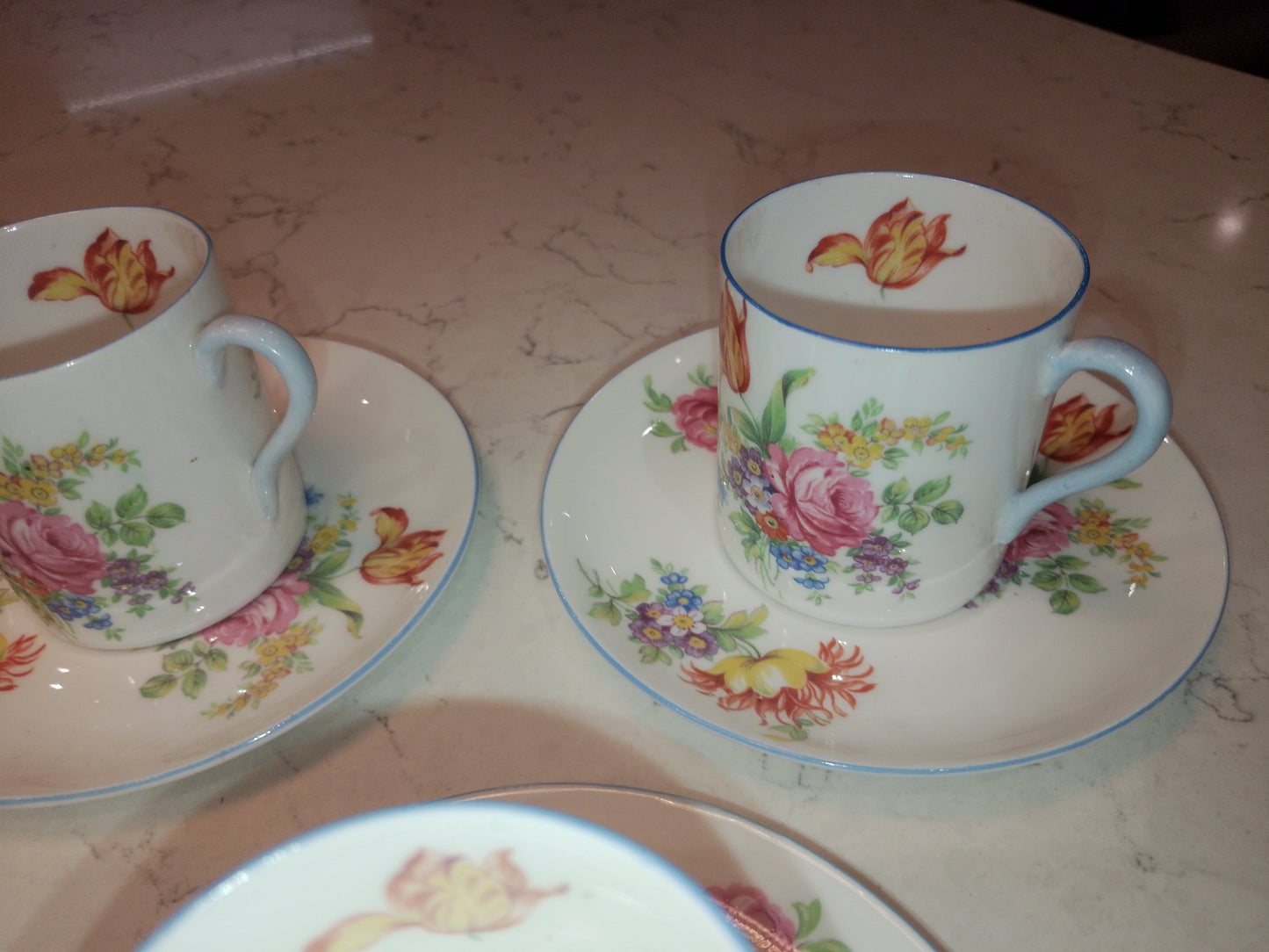 Shelley Set of 5 Espresso Cups and Saucers in Mocha Tulip Pattern - Helsby Vintage