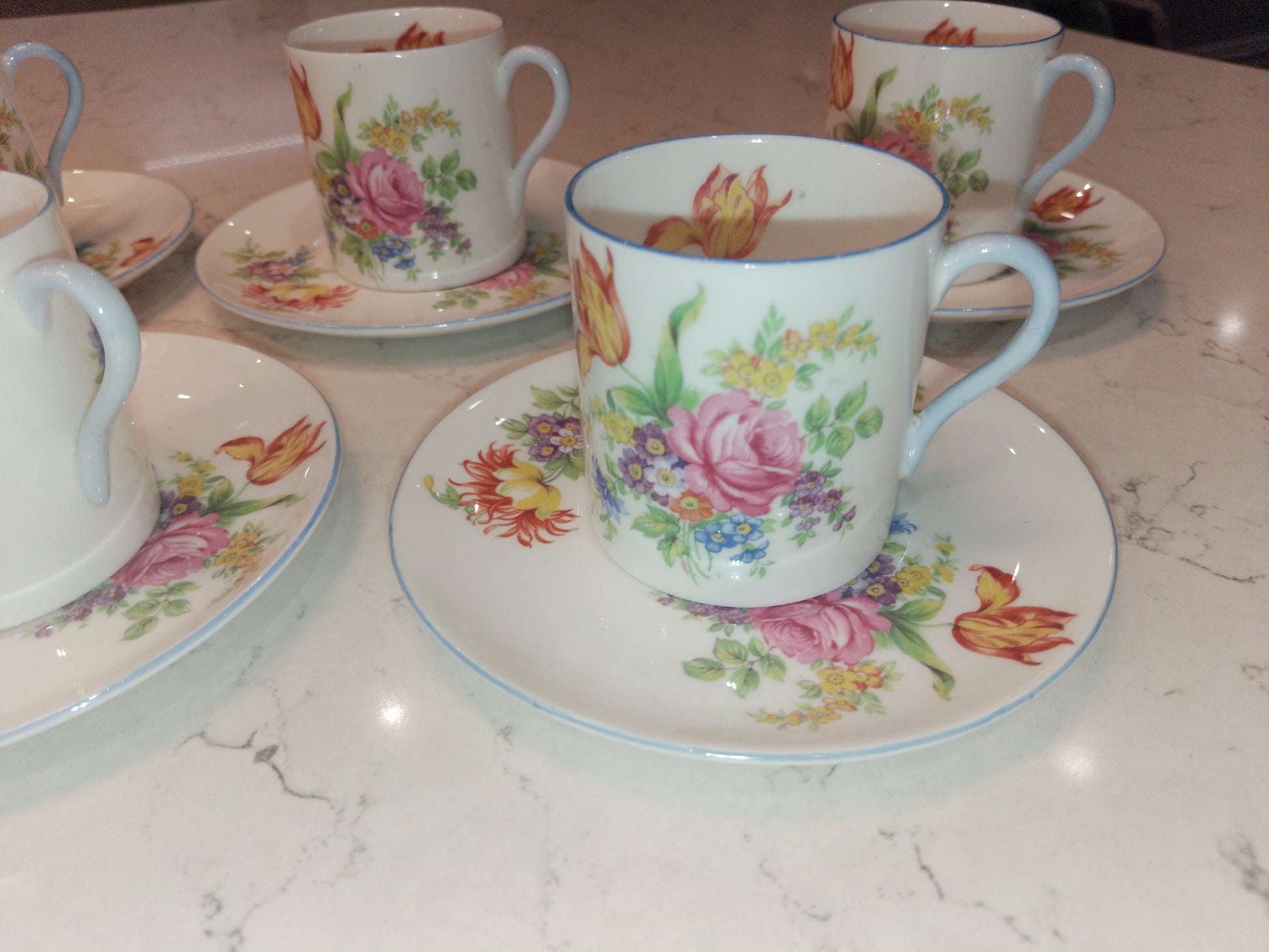 Shelley Set of 5 Espresso Cups and Saucers in Mocha Tulip Pattern - Helsby Vintage