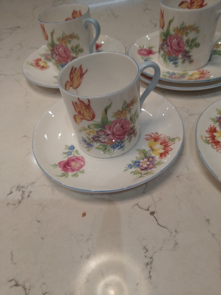 Shelley Set of 5 Espresso Cups and Saucers in Mocha Tulip Pattern - Helsby Vintage