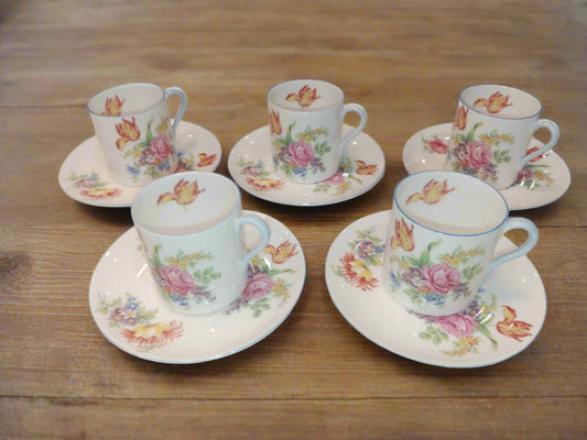 Shelley Set of 5 Espresso Cups and Saucers in Mocha Tulip Pattern - Helsby Vintage