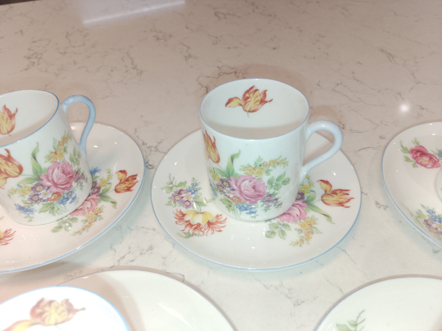 Shelley Set of 5 Espresso Cups and Saucers in Mocha Tulip Pattern - Helsby Vintage