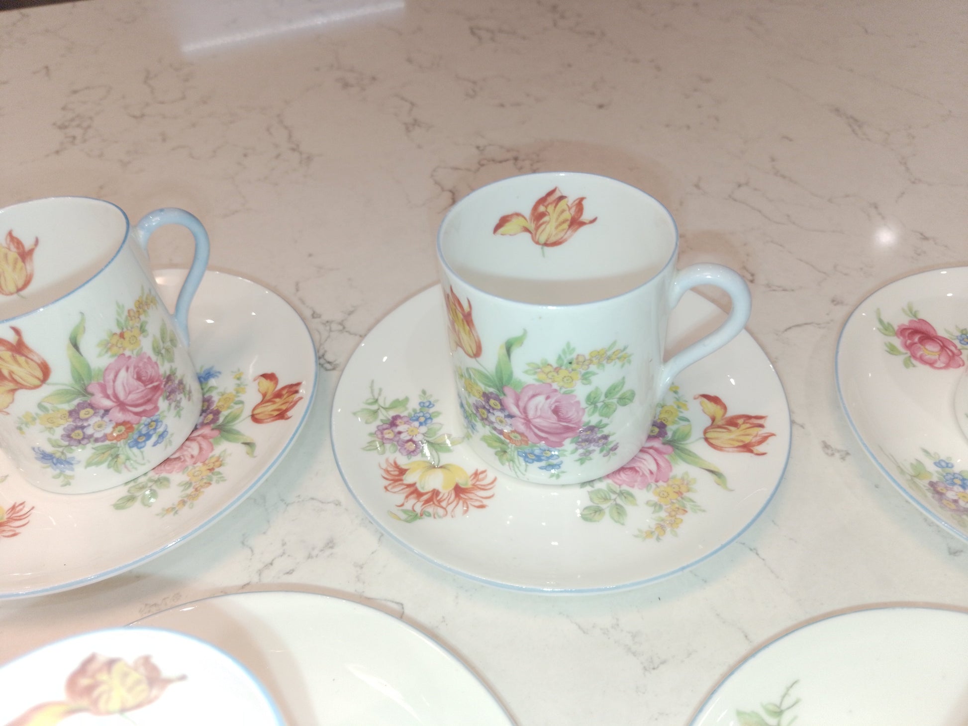 Shelley Set of 5 Espresso Cups and Saucers in Mocha Tulip Pattern - Helsby Vintage
