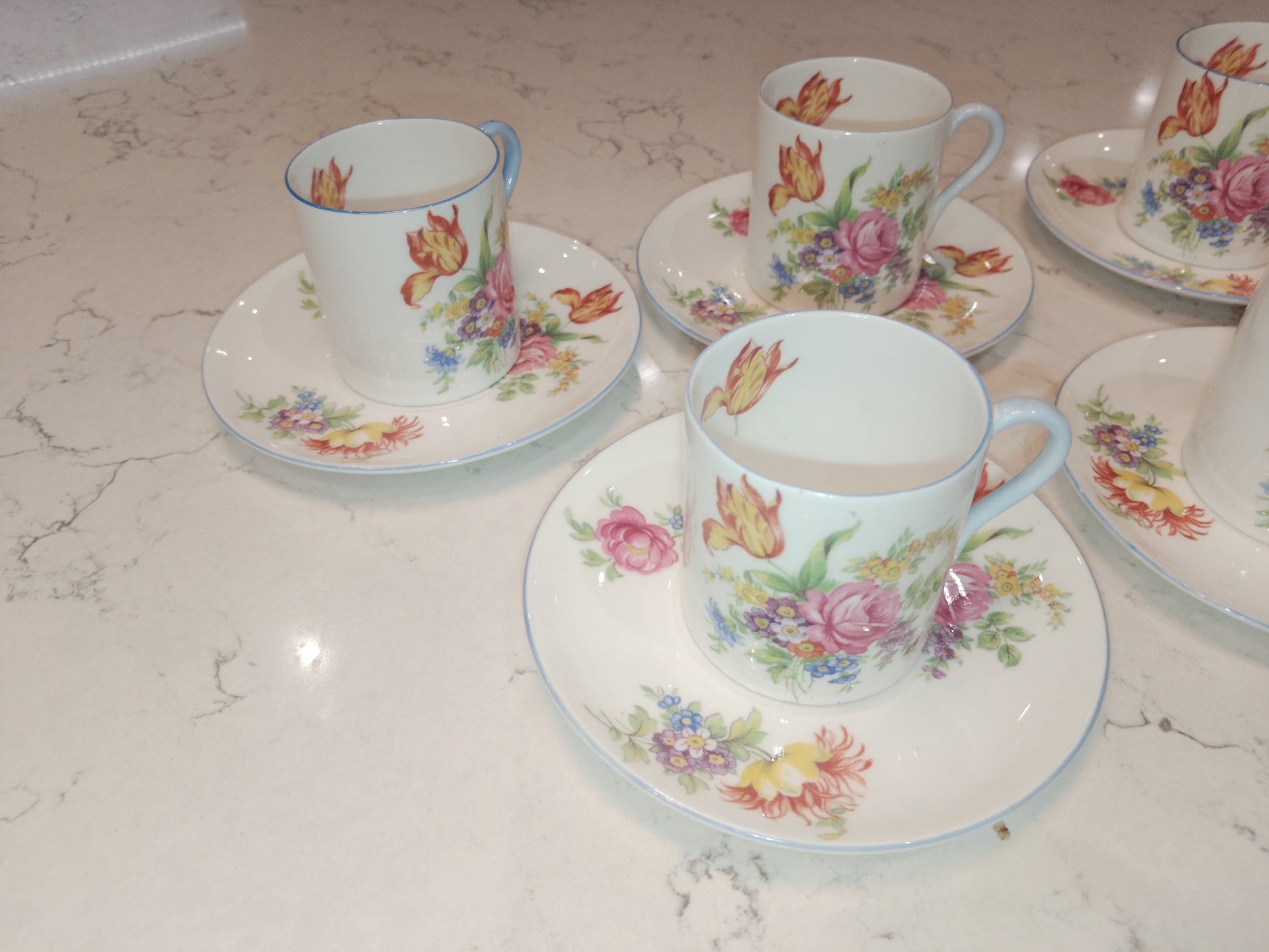 Shelley Set of 5 Espresso Cups and Saucers in Mocha Tulip Pattern - Helsby Vintage