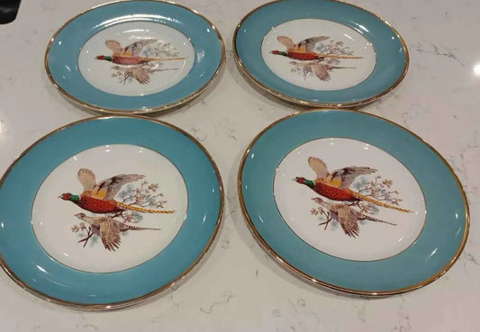 Sheriden Flying Pheasants Blue Teal Edged 8.5" Salad Plates Rare x 4 - Helsby Vintage