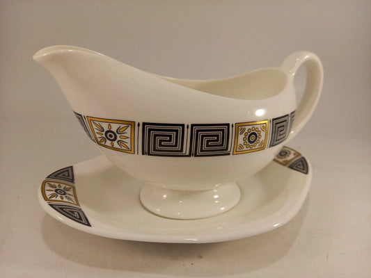 Wedgwood Asia R4288 Black Gold Gravy Boat with Plate Excellent Condition - Helsby Vintage