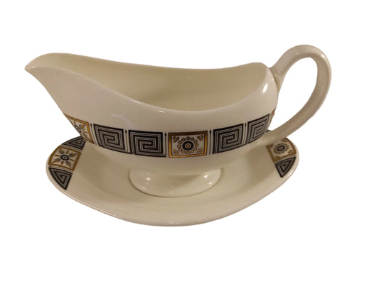 Wedgwood Asia R4288 Black Gold Gravy Boat with Plate Excellent Condition - Helsby Vintage