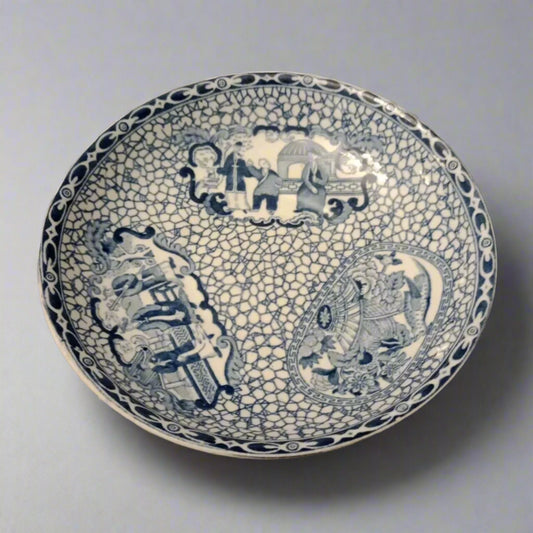 William Adams blue and white saucer with intricate traditional patterns and detailed scenes