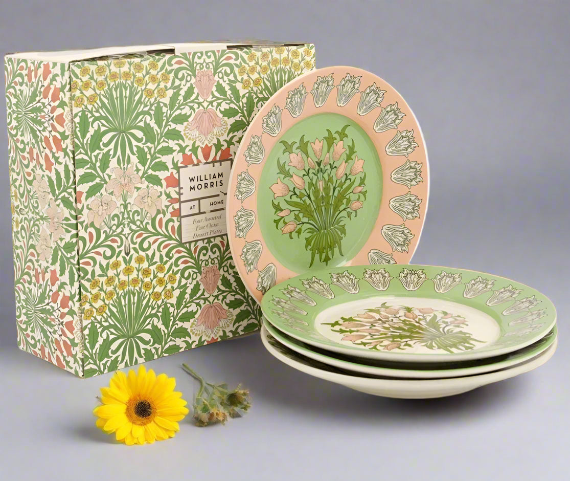 NEW William Morris Set Of 4 Dessert Plates Set Green White Pink Floral - Helsby Vintage