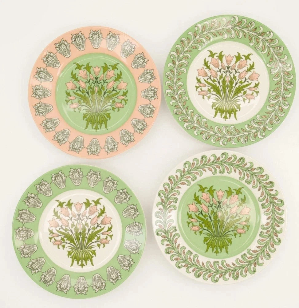 NEW William Morris Set Of 4 Dessert Plates Set Green White Pink Floral - Helsby Vintage