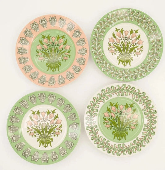NEW William Morris Set Of 4 Dessert Plates Set Green White Pink Floral - Helsby Vintage