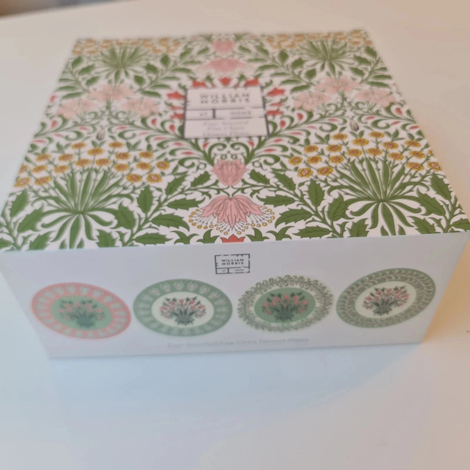NEW William Morris Set Of 4 Dessert Plates Set Green White Pink Floral - Helsby Vintage