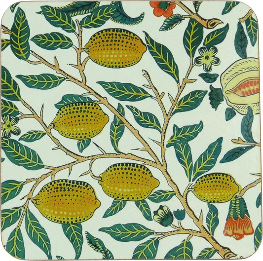Square William Morris table coasters with lemon and leafy botanical design in green and yellow tones