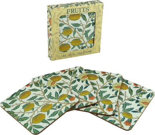 Set of four William Morris table coasters with fruit and leaf pattern in green and yellow tones