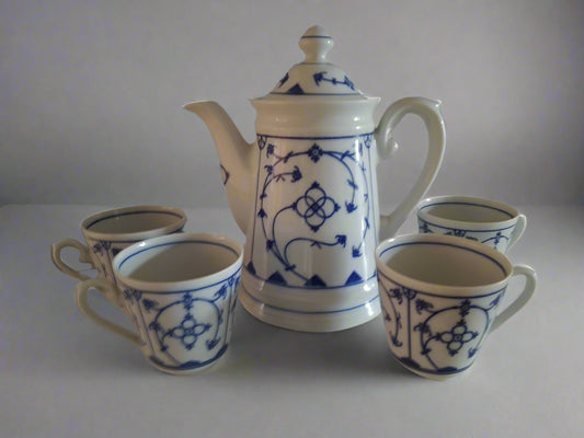Winterling Bavaria coffee pot set with white ceramic and blue floral patterns including pot and four matching cups